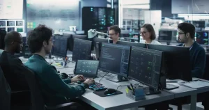 Team of engineers coding at desks with multiple monitors in a server room by dim blue lighting in the background.