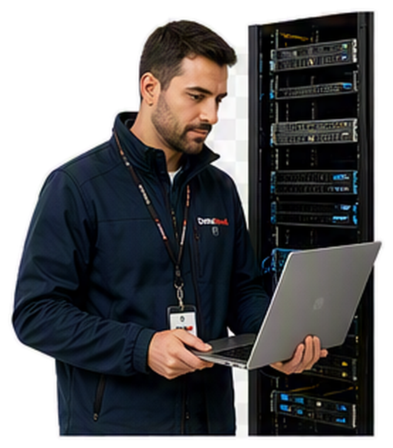 Ein IT-Techniker steht neben einem Server-Rack und überprüft die Geräte mit einem Laptop.