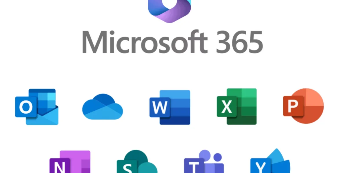 Microsoft 365 logo centered above a row of colorful app icons (Outlook, OneDrive, Word, Excel, PowerPoint) indicating the suite of Microsoft 365 apps.