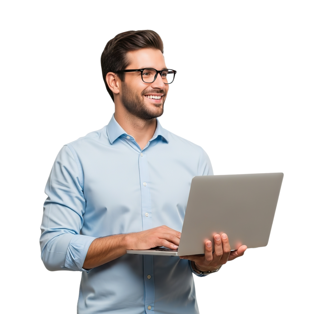 Man in a light blue dress shirt holding a silver laptop, smiling while looking to the side with glasses on.