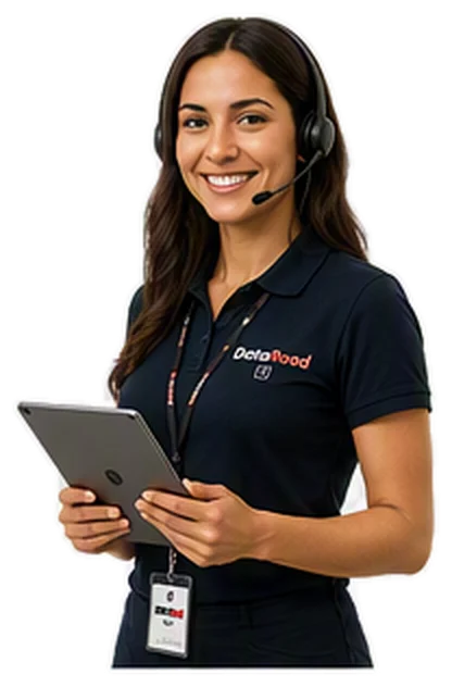 Customer service representative wearing a headset, holding a tablet, ready to assist.